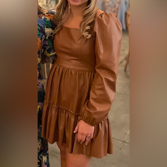 Brown Faux Leather Dress with Puff Sleeves - Picture 3 of 3